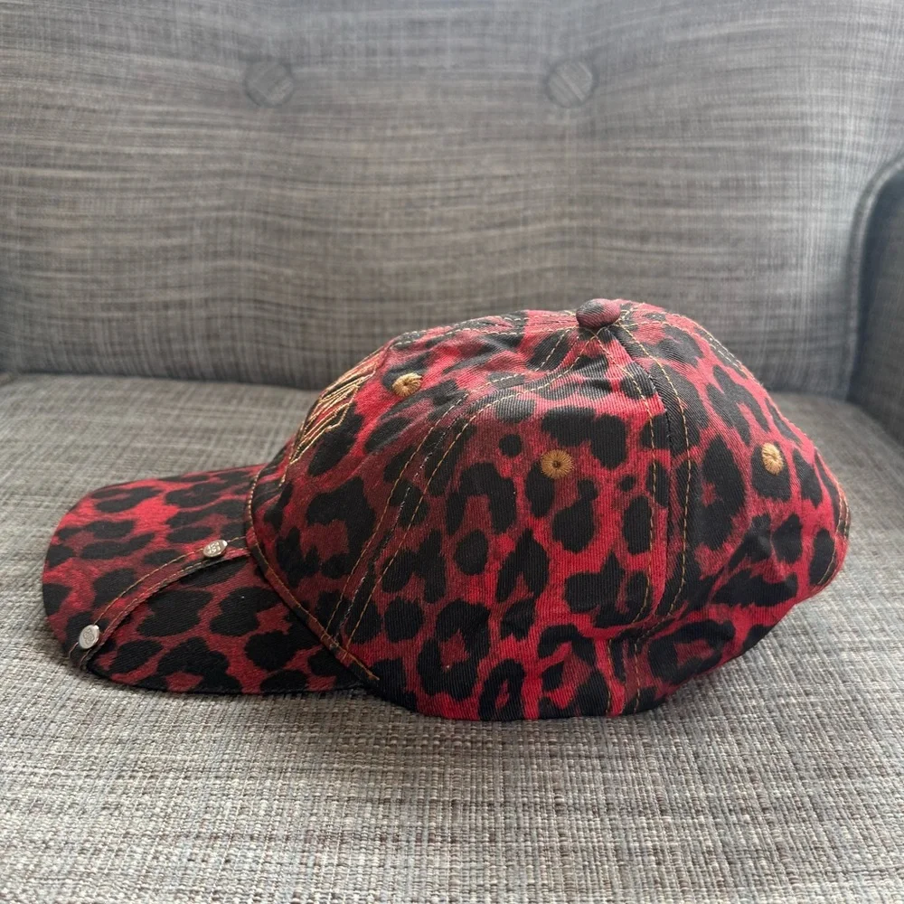Ganni Red and Black Leopard-Print Baseball Cap with Hardware - Picture 2 of 5
